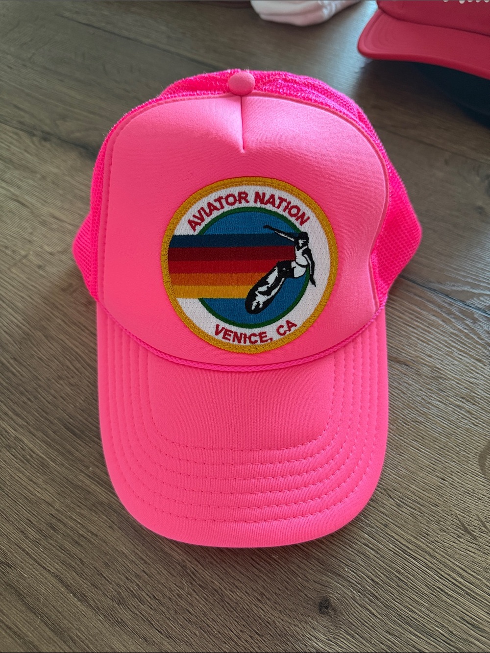 Aviator Nation Neon Pink Trucker Cap with Striped Patch